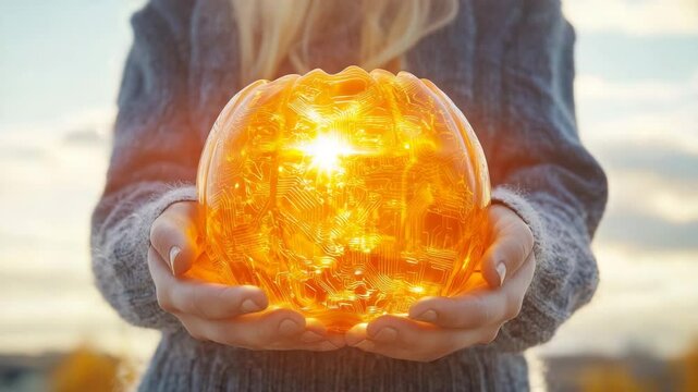halloween concept. A person holds a glowing, orange pumpkin with a digital circuit pattern radiating light.