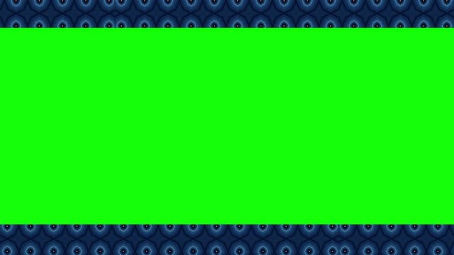 Creative video frame with a vibrant green screen center and decorative abstract blue patterned borders on the top and bottom. Ideal for video overlays, custom titles, lower thirds, or visual effects.