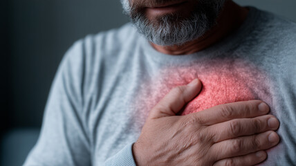 Crimson heat spreads across a man’s chest as he clutches his heart, dramatising the critical warning signs of cardiac distress demanding immediate care.
