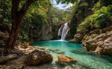 Naklejka premium Crystal Clear Waterfall Surrounded by Lush Greenery in a Tropical Paradise, Capturing Nature's Beauty and Serenity