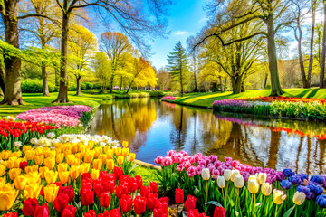 Vibrant Tulip Fields in Full Bloom at Keukenhof Park, Netherlands in Spring, Generative AI