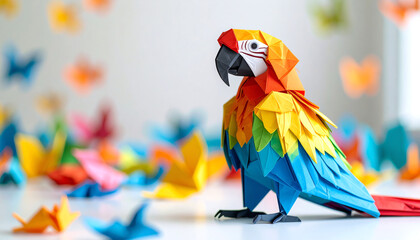 Colorful origami parrot surrounded by vibrant paper butterflies, showcasing artistic craftsmanship and creativity in a playful setting