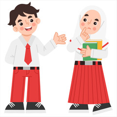 Obraz premium Illustration of Indonesian elementary school girls and boys talking