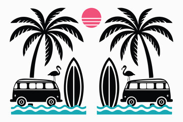 Tropical Beach Surf Vector Set Palm Trees, Van, and Flamingo