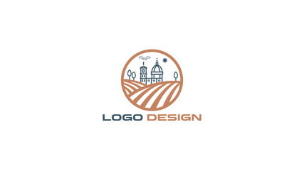 Farm logo design featuring rural landscape and fields, ideal for organic brands, agriculture businesses, or eco-friendly companies