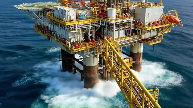 Offshore oil rig with helideck and lifeboat