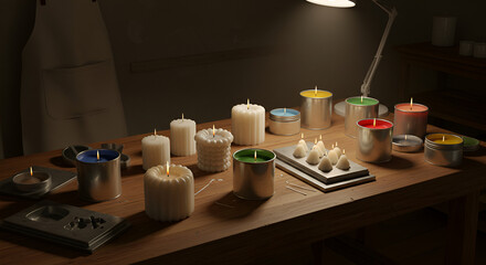 Array of candles on a table in a workshop setting