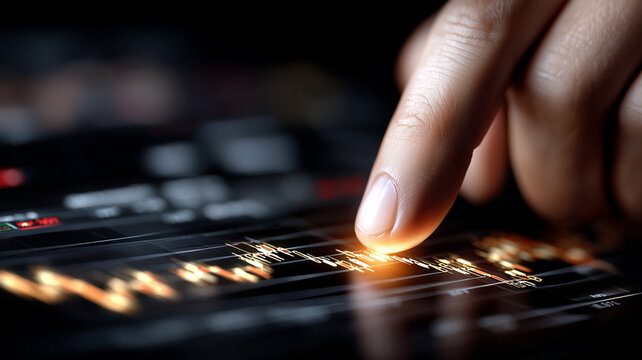 A fingertip tracing an illuminated stock graph, demonstrating tactile interaction with live market data and the human intuition behind informed investment decisions.
