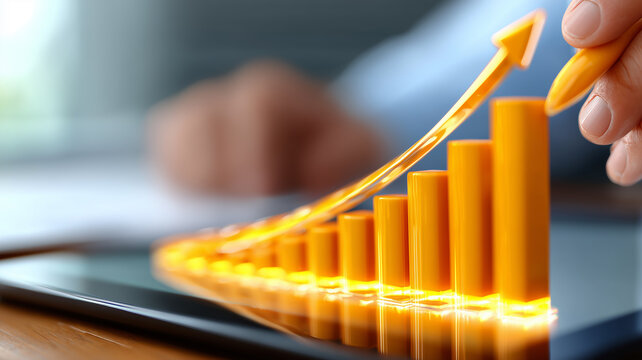 A golden bar chart leaps upward from a tablet screen, visualising the energised climb of business performance empowered by real-time data intelligence.
