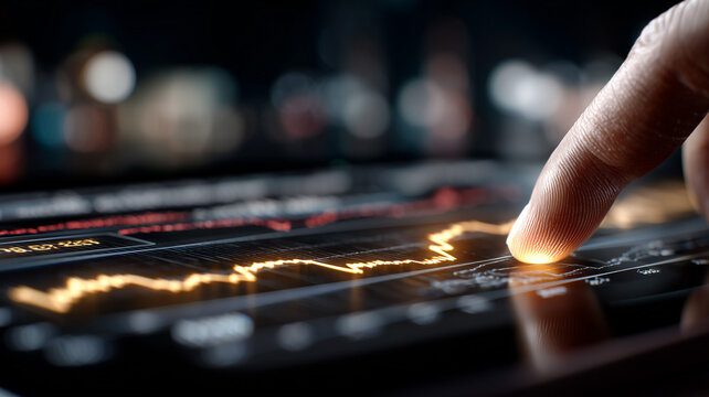 A fingertip tracing an illuminated stock graph, demonstrating tactile interaction with live market data and the human intuition behind informed investment decisions.
