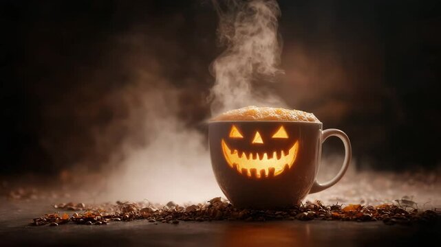 halloween concept. A steaming cup with a carved jack-o'-lantern face sits among autumn leaves and coffee beans in a hazy, moody setting.