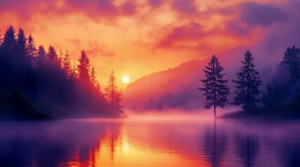 Obraz premium Stunning sunset over a tranquil lake surrounded by silhouettes of evergreen trees.