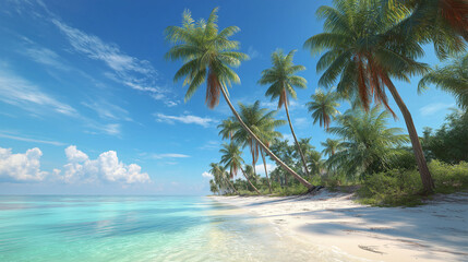 Paradise Beach: A serene tropical beach scene, where pristine white sands meet the crystal-clear turquoise waters, with swaying palm trees reaching towards a bright blue sky with fluffy clouds.