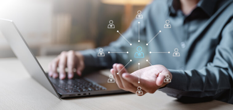 Human resources management technology concept. HR report software. Hiring job. People, Employees data analysis. System integration. ERP system. HR tech business.