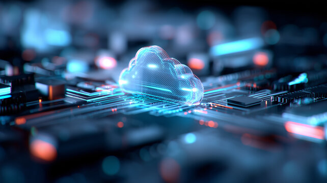 A semi-transparent holographic cloud gliding along electric traces, depicting seamless data migration and the fluid mobility of digital workloads across hybrid environments.