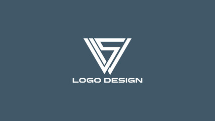 Modern VS monogram logo with sharp triangular style on blue-gray background, ideal for digital branding, sportswear, or startup business identity