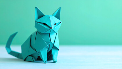 A turquoise origami cat sits gracefully against a soft green background, showcasing intricate folds and an artistic design