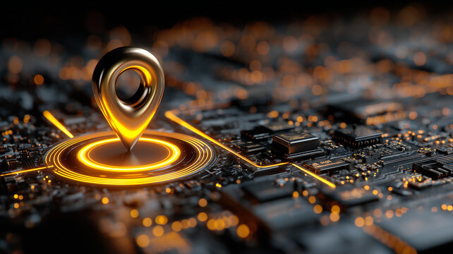 A glowing metallic location pin planted on a circuit board landscape, highlighting the convergence of geolocation intelligence and hardware-level innovation in smart devices.
