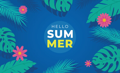 Hello Summer Banner Template with Tropical Flowers – Vibrant Floral Vector Design for Seasonal Promotion and Vacation Ads