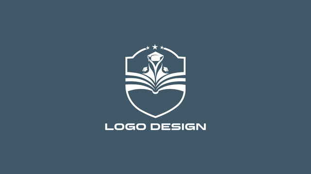 Education logo with pen nib and open book inside shield on blue-gray background, perfect for school branding, online learning platforms, or academic institutions
