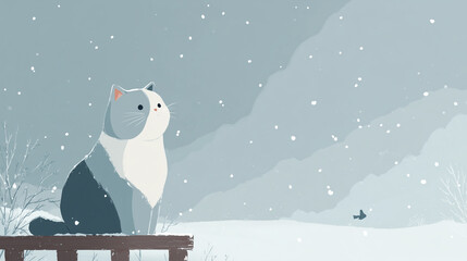 Cute Cat and Winter Illustration Background Wallpaper