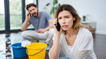 Concerned Couple Dealing With Water Leak At Home Due To Pipe Rupture Causing Damage To Living Room Floor