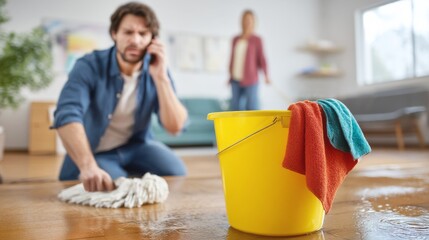 Man Cleaning Water Leak from Roof with Bucket While Woman Calls for Help in Home Interior