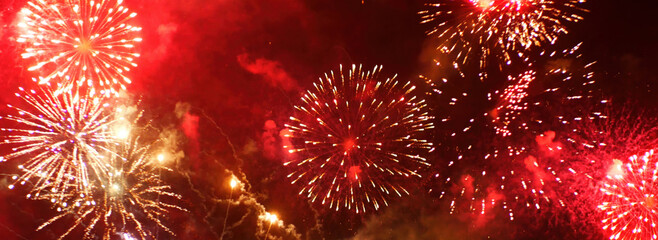 Banner Red Firework celebrate anniversary happy new year 2025 4th of july holiday festival. Banner...