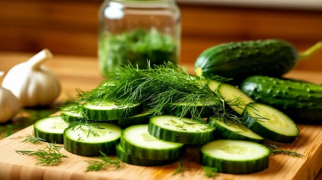 Sliced cucumbers with dill and garlic on wooden board ready for pickling in rustic kitchen