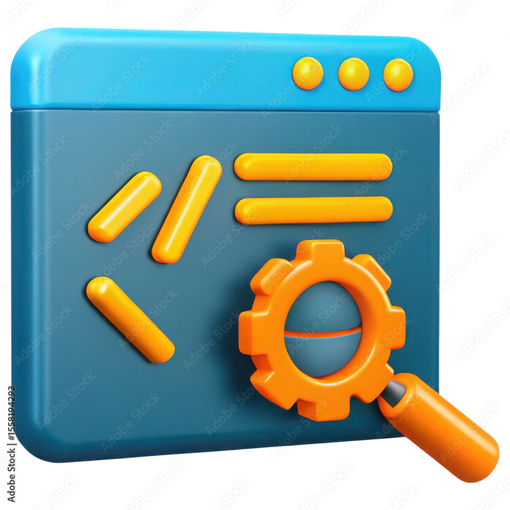 Aufkleber seo optimization on computer concept. stylized interface with gear and magnifying glass icon.