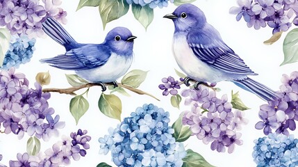 Two blue birds perched on lilac branches in soft pastel hues.