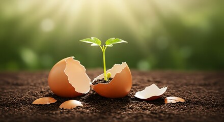 Sprout Growing From Broken Eggshell in Soil with Bright Sunlight