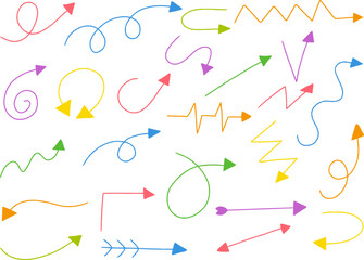 Collection of colorful hand drawn arrows doodle. Color arrows, Arrow mark icons, Doddle arrow set isolated on white background. Crayon and chalk arrow Vector illustration