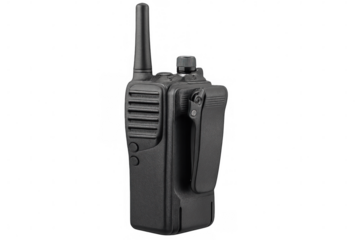 Black walkie-talkie extending antenna, wearing belt clip, set against transparent backdrop