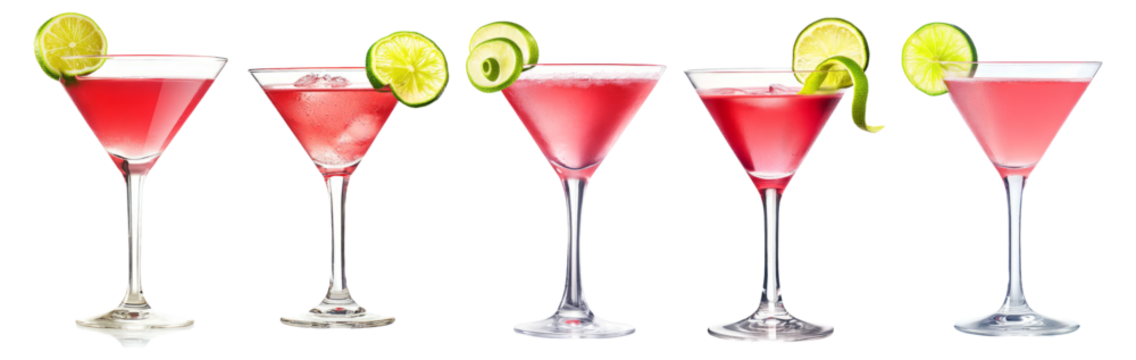 Colorful Cocktail Array with Lime and Cucumber Garnish Display, Isolated on Transparent, white background