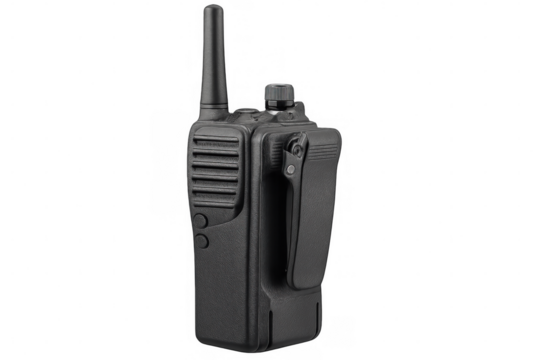 Black walkie-talkie extending antenna, wearing belt clip, set against transparent backdrop