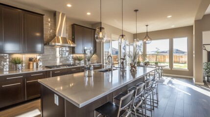 A sleek contemporary kitchen with a large workspace, glossy countertops, and pendant lights