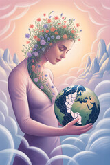 Naklejka premium Gentle woman with flowers growing from chest holding fragile broken world symbolizing nurturing strength and patience