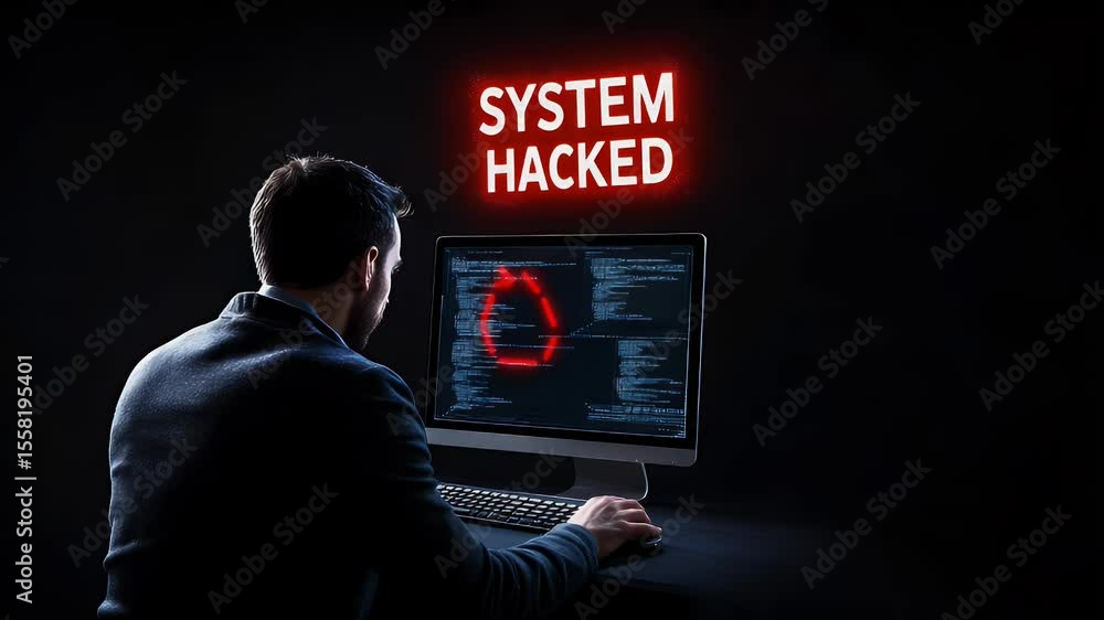 Poster person looking at a computer screen displaying 