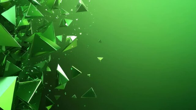 Abstract background featuring green triangles floating, exploding and creating copy space