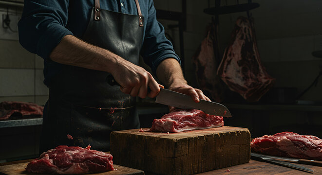 Butcher preparing cuts of meat