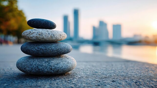 Mental health crisis in therapy and emotional balance concept. Balanced stones symbolize tranquility near modern city skyline. - Powered by Adobe