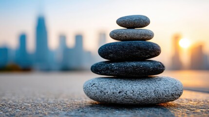 Mental health crisis in therapy and emotional balance concept. Stacked stones symbolize balance and tranquility in urban setting.