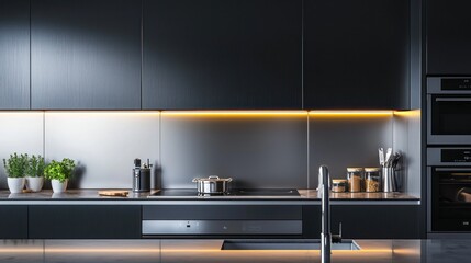 A sleek, high-tech kitchen with smart appliances and a minimalist design