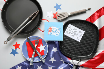USA flag, greeting card with text HAPPY 4TH JULY, paper sheet with letters BBQ and barbecue...