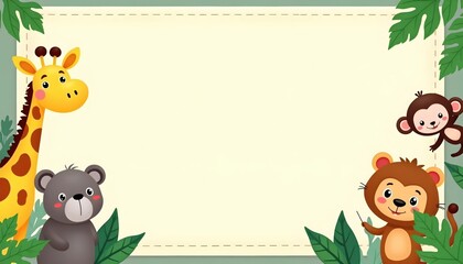 A unique children's background frame featuring various wild animals and lush plants
