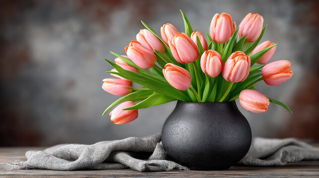 Vibrant pink tulips in elegant black vase fresh floral arrangement rustic background natural light home decor inspiration - Powered by Adobe
