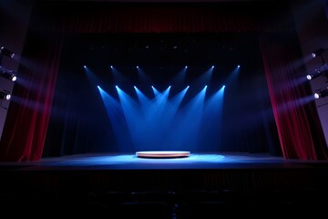 Empty Theater Stage: Dramatic Blue Lighting, Red Curtains, Circular Platform