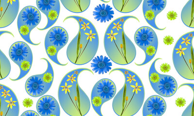 Paisley. Scilla, primroses. Design element, floral ornament. Seamless pattern for bandana, shawl, neck scarf. Kerchief design or tablecloth print, scarf, towel. For textile, cotton fabric.
