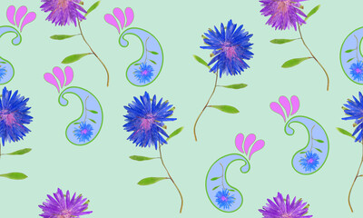 Paisley. Aster. Decorative design element, floral ornament. Seamless pattern for bandana, shawl, neck scarf. Kerchief design or tablecloth print, scarf, towel. For textile, cotton fabric.